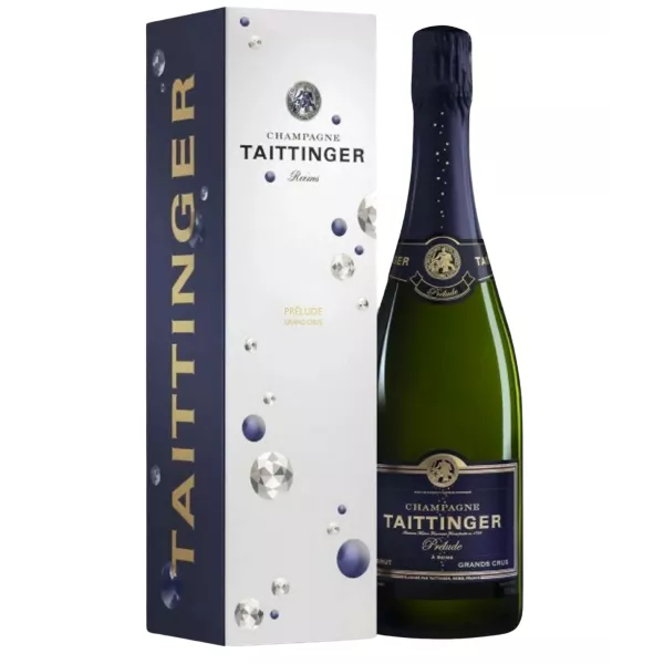 Botella de Champagne Taittinger Prélude Grands Crus, vista frontal, etiqueta blanca y dorada