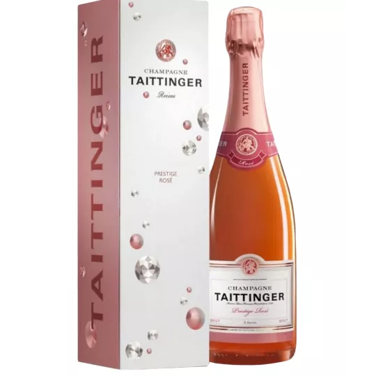 Botella de Champagne Taittinger Prestige Rosé, vista frontal, etiqueta visible