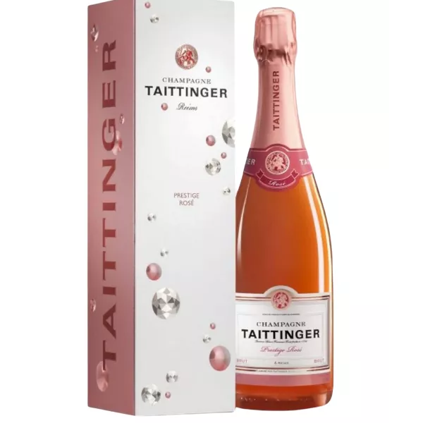 Botella de Champagne Taittinger Prestige Rosé, vista frontal, etiqueta visible
