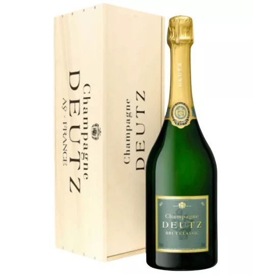 Botella de champán Deutz Brut Classic Jeroboam 3L, etiqueta dorada, vista frontal