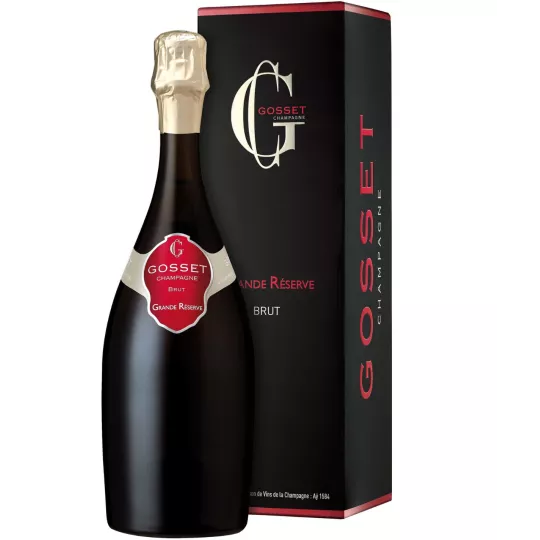 Botella de Champagne Gosset Grande Réserve Brut, vista frontal, etiqueta roja distintiva