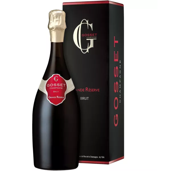 Botella de Champagne Gosset Grande Réserve Brut Magnum, vista frontal con etiqueta roja y tapón dorado