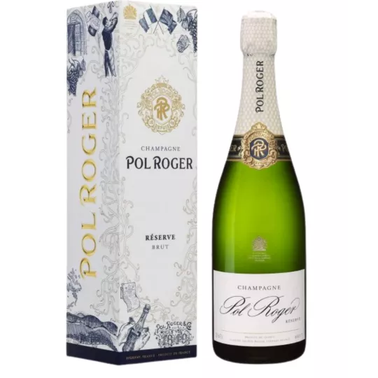 Botella de champán Pol Roger Réserve Brut Magnum 1,5L, etiqueta blanca y tapón dorado, vista frontal