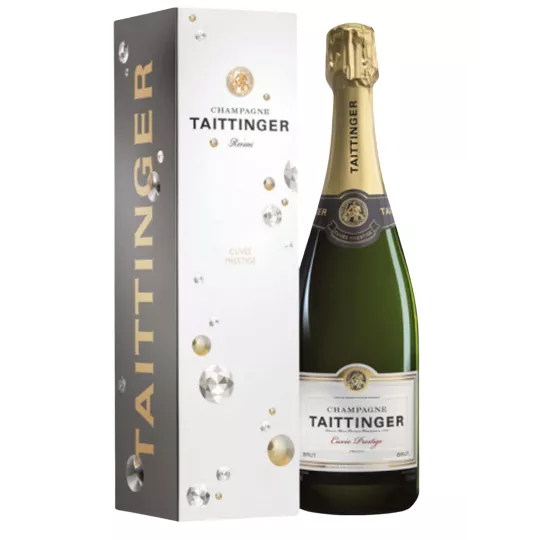 Botella de Champagne Taittinger Brut Prestige Magnum 1.5L con etiqueta blanca y dorada, vista frontal