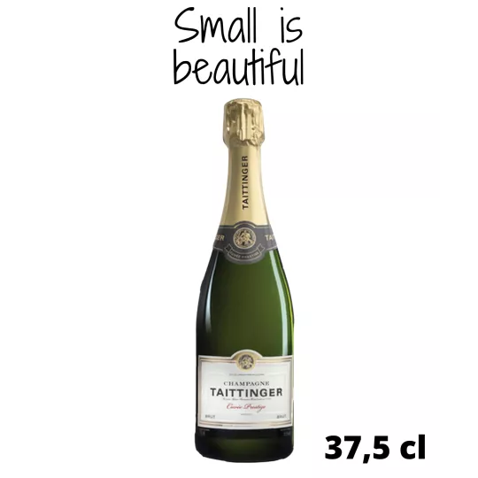 media botella de champán taittinger brut prestige sobre fondo blanco, vista frontal