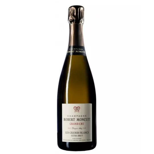 Bottle of Champagne Robert Moncuit Blanc De Blancs with glasses.