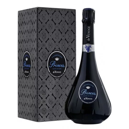 Botella de Champagne De Venoge Princes Blanc de Noirs en un elegante decantador