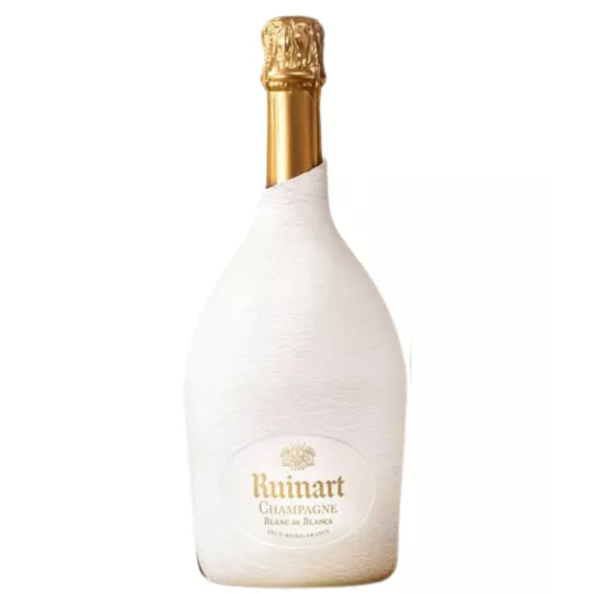 Botella de Champagne Ruinart Blanc de Blancs con estuche blanco Seconde Peau, vista frontal