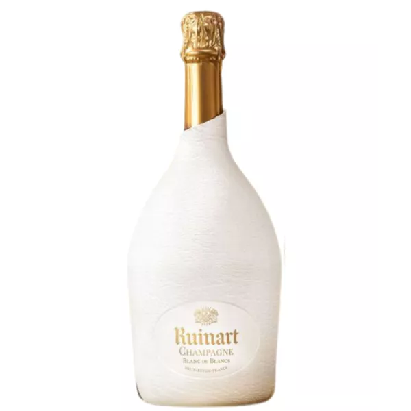 Botella de Champagne Ruinart Blanc de Blancs con estuche blanco Seconde Peau, vista frontal