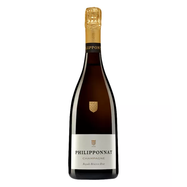 Philipponnat Royale Réserve Champagne bottle, rich gold, fine foam, a liquid masterpiece.