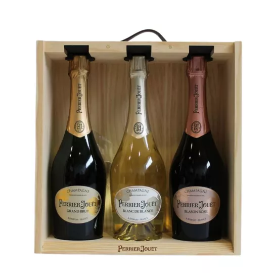 PERRIER-JOUËT champagne Gift Set 3 bottles, Grand Brut, Blanc de Blancs, Blason Rosé