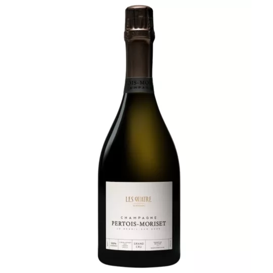 Botella de Champagne Pertois-Moriset Les Quatre Terroirs Brut Blanc de Blancs Grand Cru sobre fondo neutro