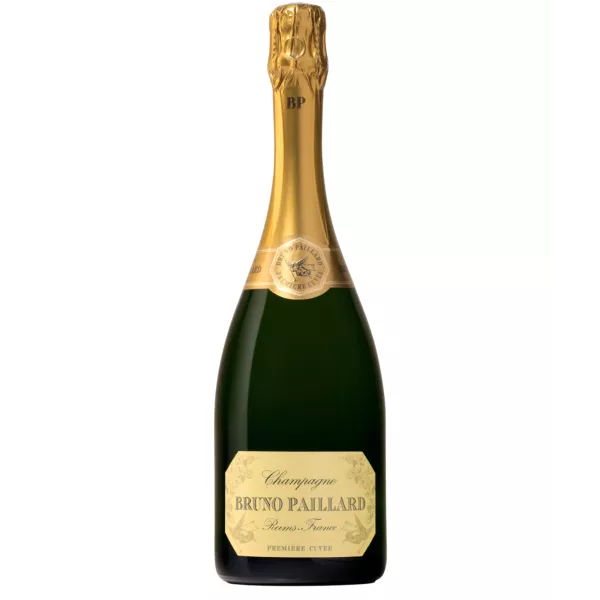 Botella de Champagne Bruno Paillard Brut Première Cuvée, vista frontal, etiqueta dorada