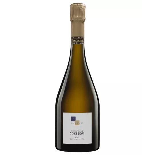 Botella de Champagne Coessens Brut Blanc de Noirs, vista frontal, etiqueta blanca, tapón dorado