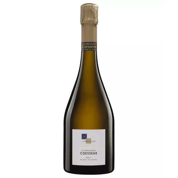 Botella de Champagne Coessens Brut Blanc de Noirs, vista frontal, etiqueta blanca, tapón dorado