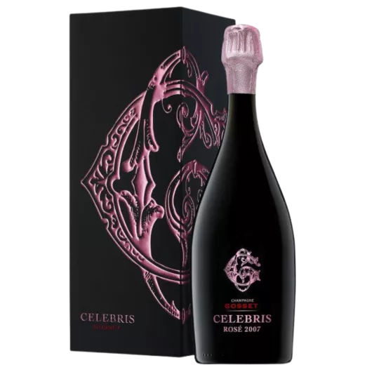 Botella de Champagne Gosset Célébris Rosé Extra-Brut 2008, vista frontal, etiqueta negra y rosa