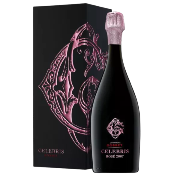 Botella de Champagne Gosset Célébris Rosé Extra-Brut 2008, vista frontal, etiqueta negra y rosa