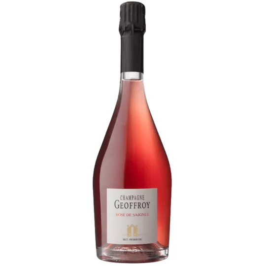 Botella de Champagne René Geoffroy Premier Cru Rosé de Saignée, rosado, vista frontal