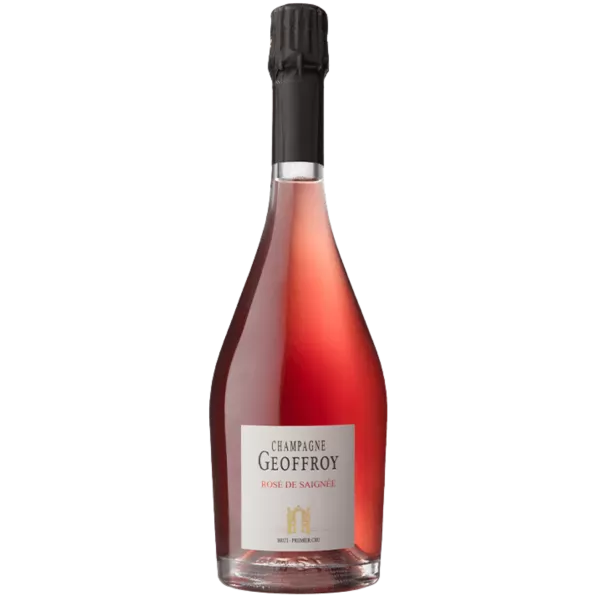 Botella de Champagne René Geoffroy Premier Cru Rosé de Saignée, rosado, vista frontal